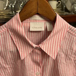 Classic pink and white striped button down with tie front hem